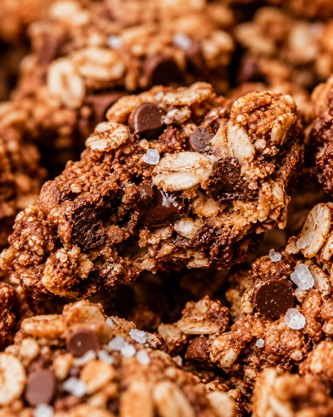 Chocolate Chip Cookie Granola Close-Up Crunchy homemade granola clusters with chocolate chips and sea salt