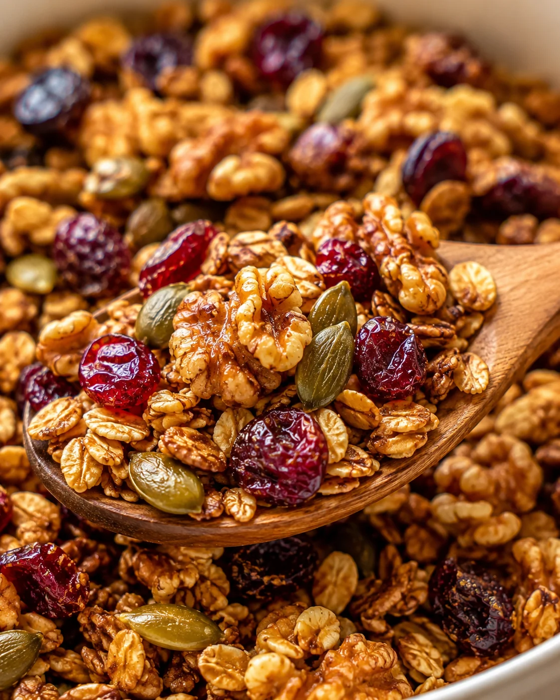 Air Fryer Cranberry Granola Close-up of homemade cranberry granola with nuts and dried cranberries in a wooden scoop
