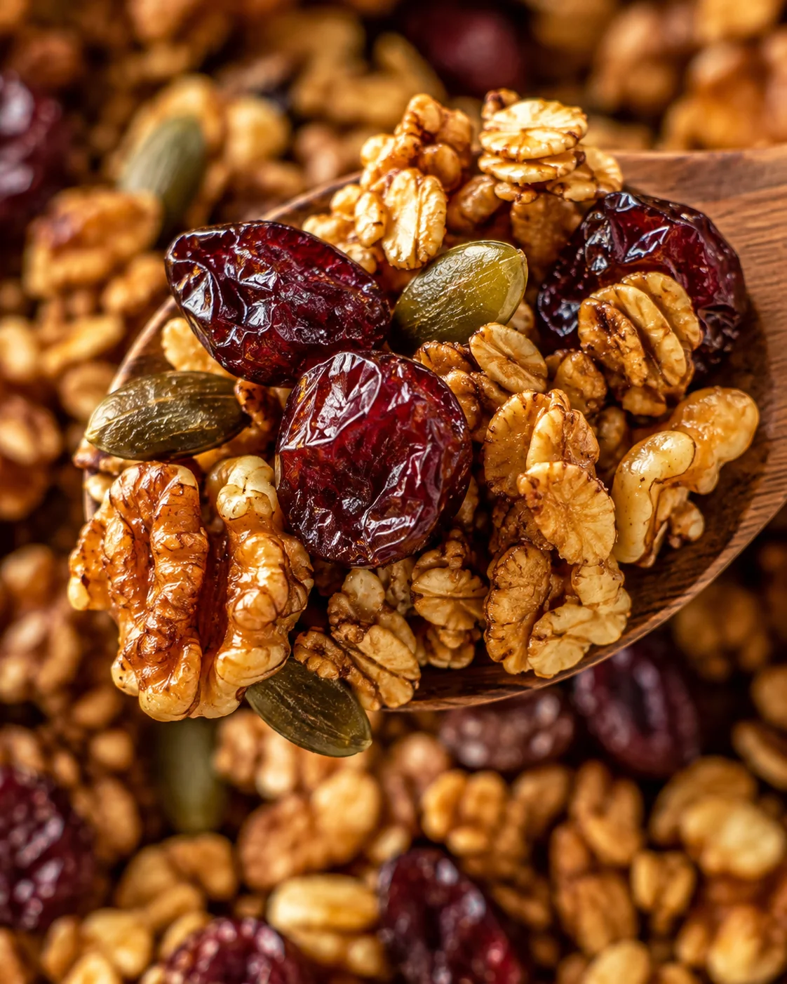 Homemade Cranberry Granola Close-up of crunchy cranberry granola with dried cranberries and nuts in a wooden spoon