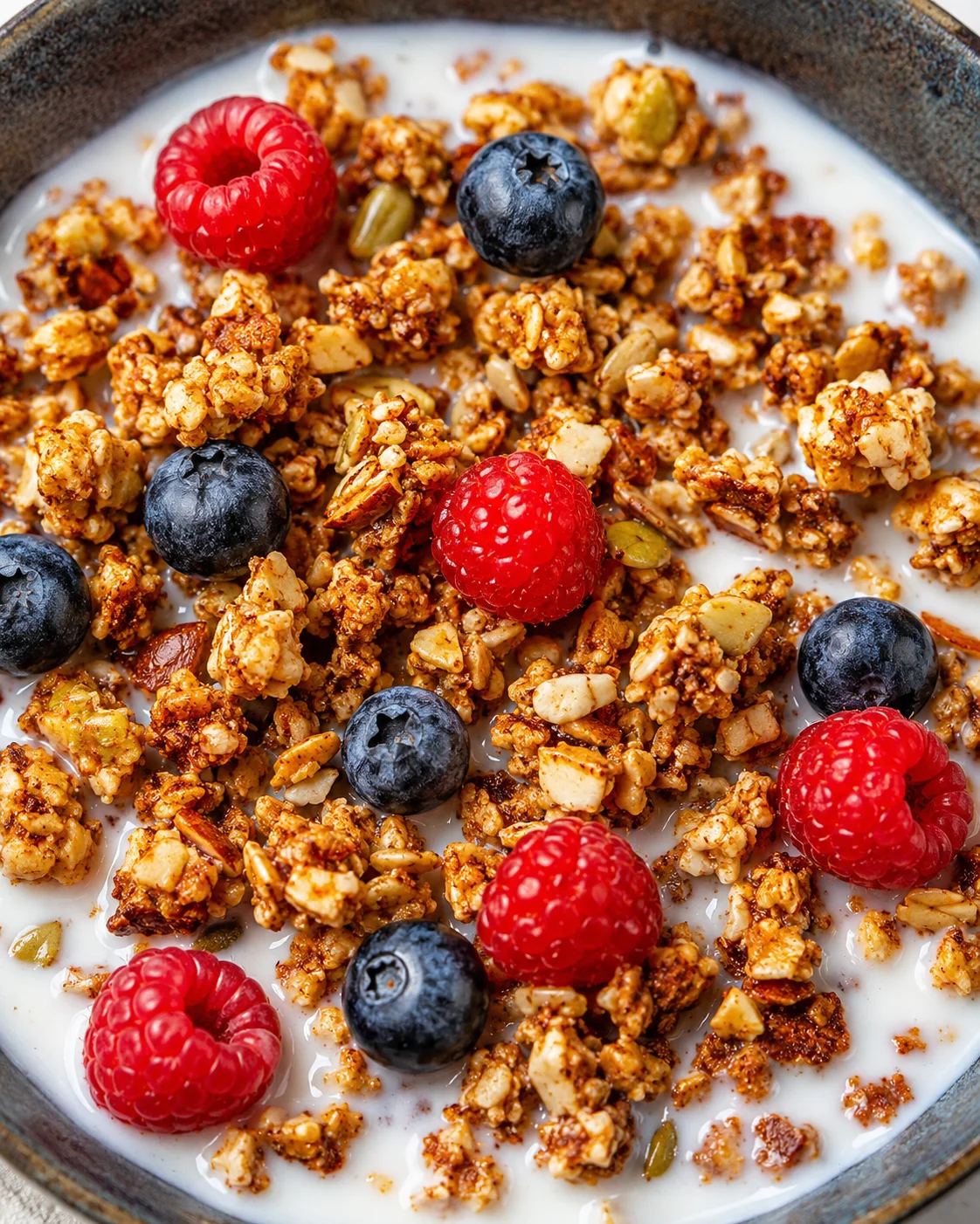 Close-up of crunchy keto granola clusters with berries in a bowl of milk