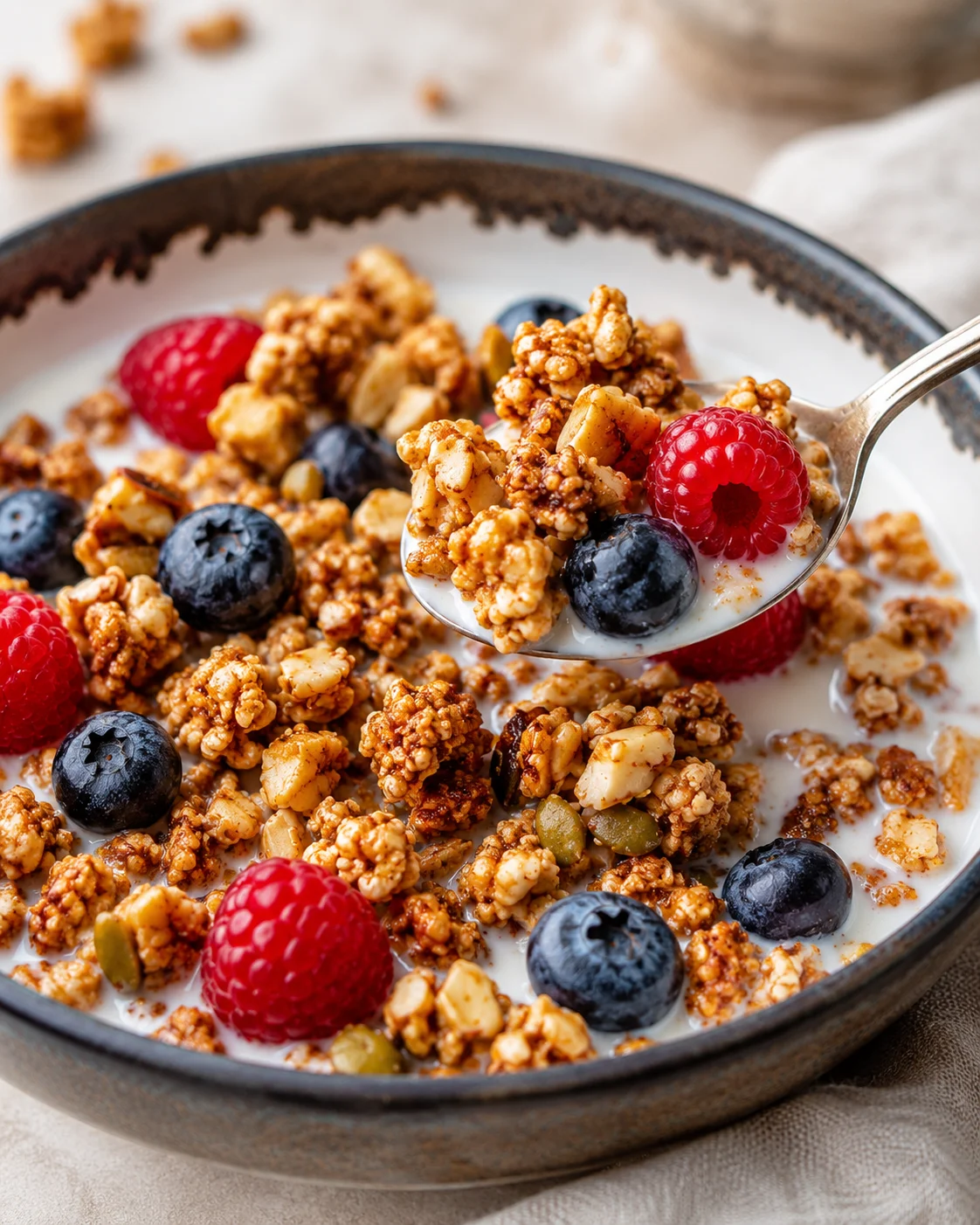 Crunchy, low-carb keto granola served with milk and fresh berries