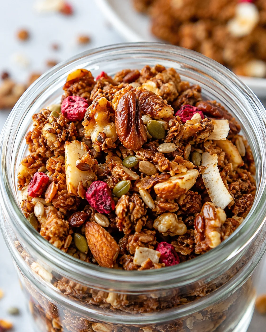 Low Carb Keto Granola Crunchy homemade keto granola with nuts, seeds, and coconut chips in a jar