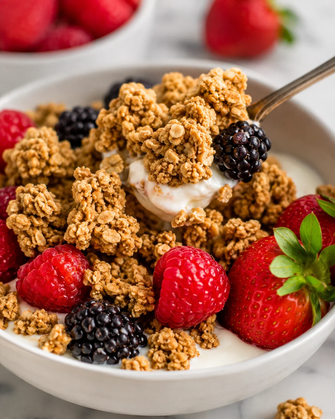 Close-up of peanut butter granola served with yogurt and fresh berries in a white bowl