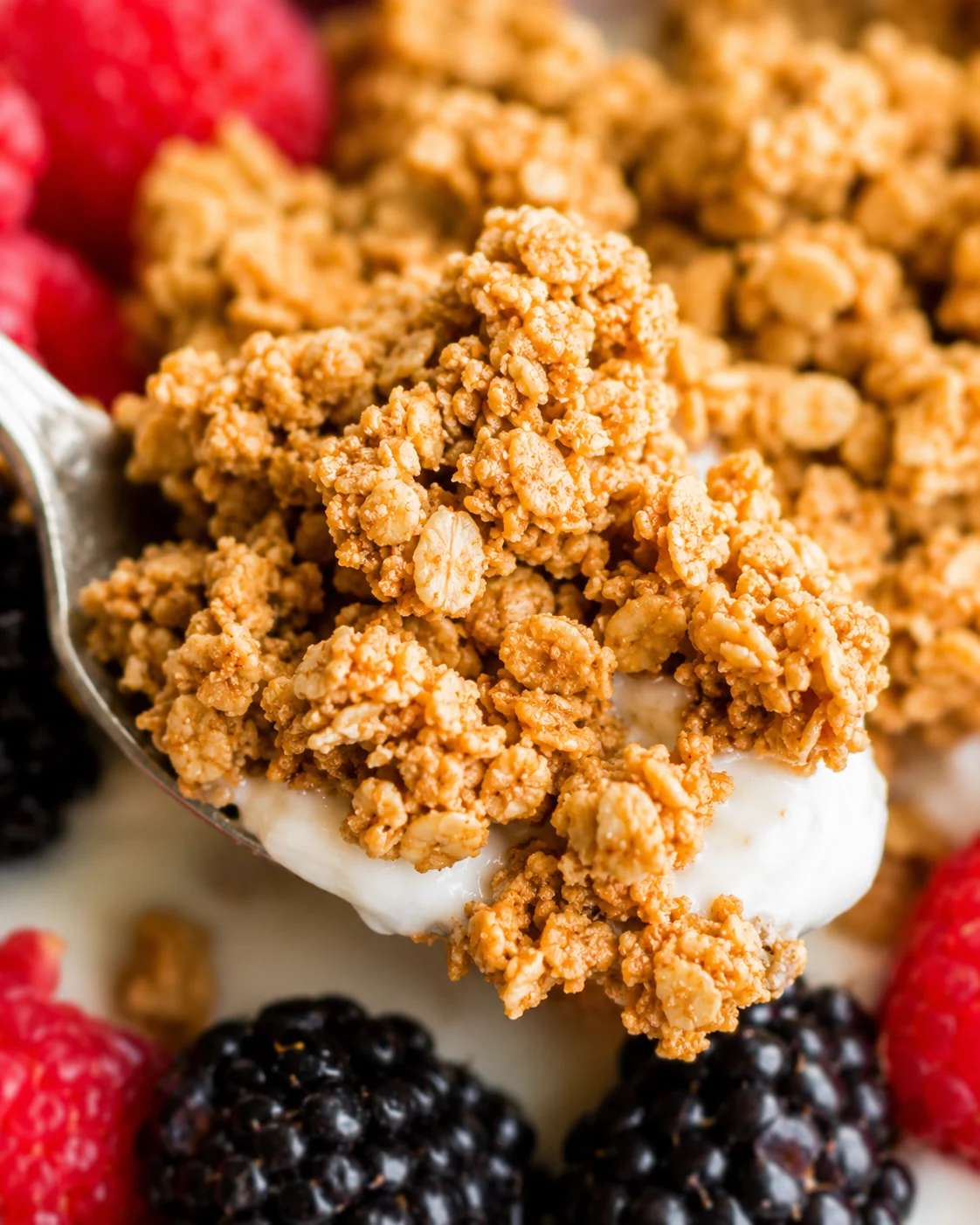 Close-up of crunchy peanut butter granola with berries on a spoon