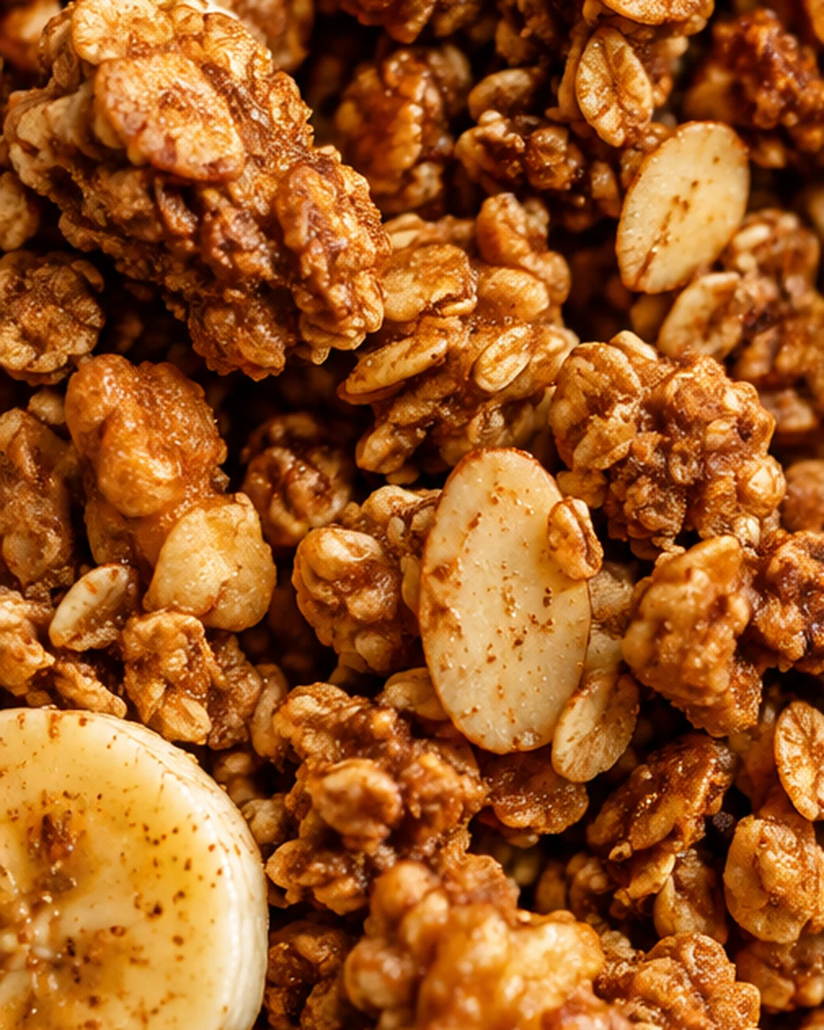 Close-up of golden, crispy granola clusters with bananas and nuts.