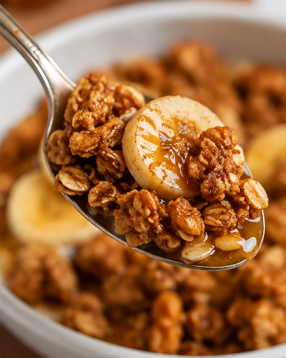 Close-up of crunchy banana bread granola with a caramel-y glaze and ripe bananas