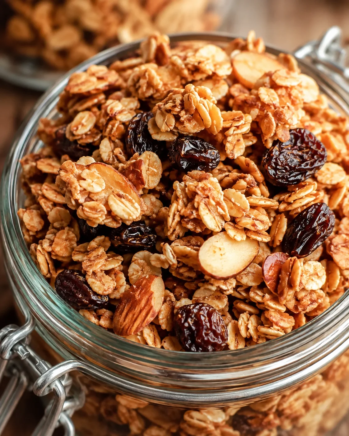 Crunchy cinnamon raisin granola with big clusters and dried fruit in a jar
