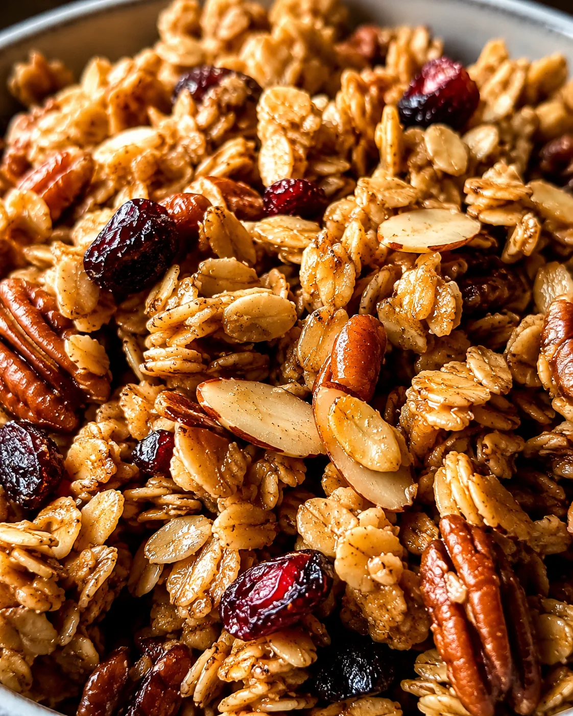 Homemade Sourdough Granola Crunchy sourdough granola with dried fruits and nuts in a bowl