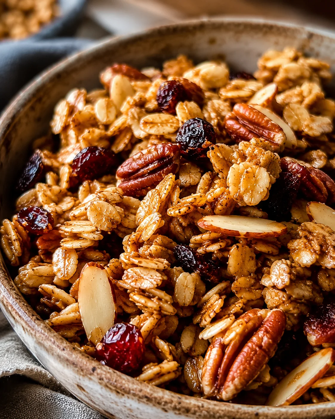 Homemade Sourdough Granola Crispy homemade sourdough granola with nuts and dried fruit in a bowl
