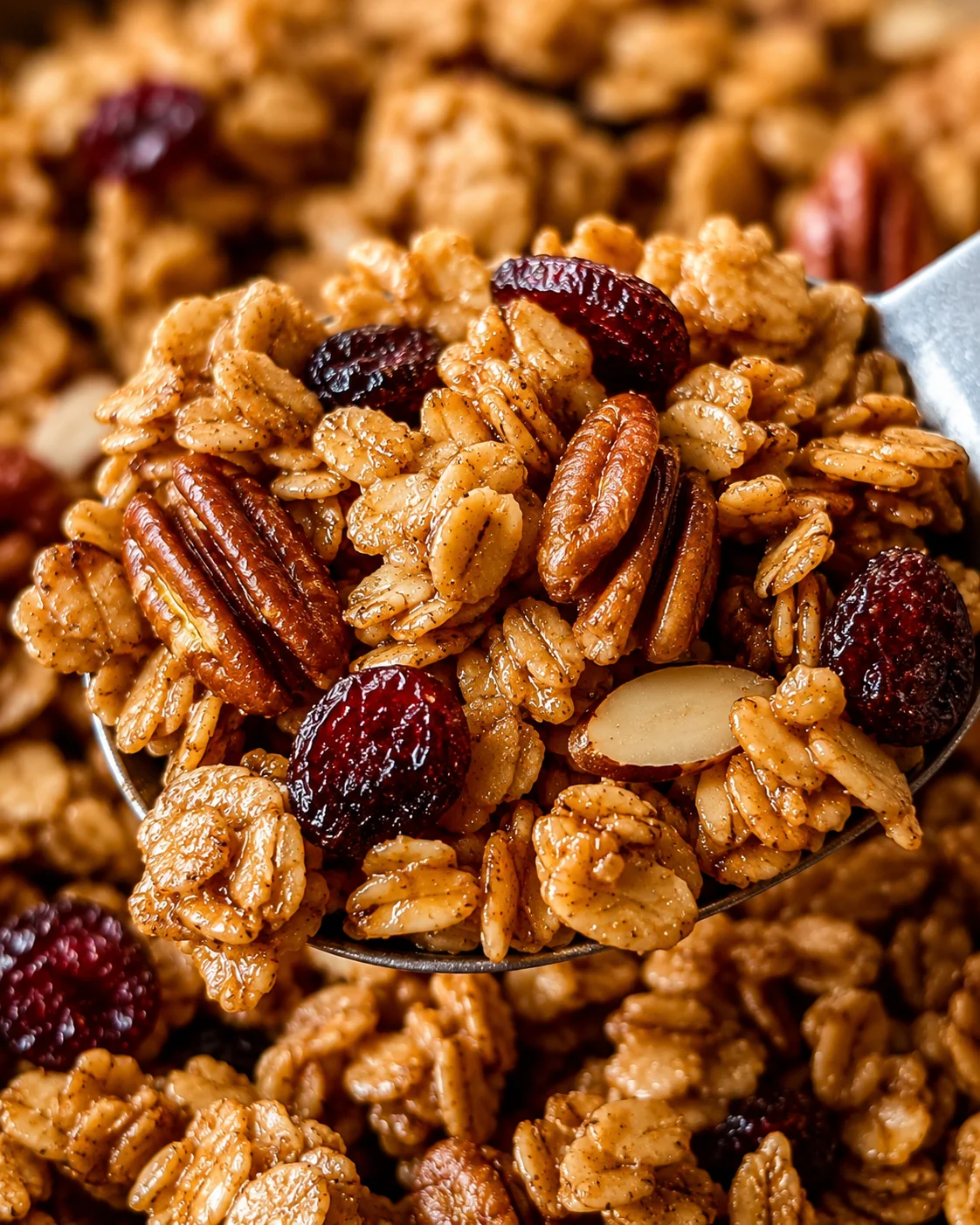 Homemade Sourdough Granola Close-up of crunchy sourdough granola with nuts and dried fruit in a spoon