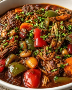 Close-up of braised shredded-beef stew with peppers, onions, olives, and chopped parsley.