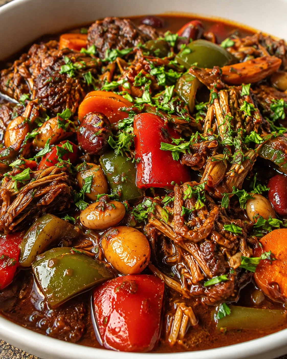 Rich and savory vegan stew featuring tender jackfruit, colorful vegetables, and spices
