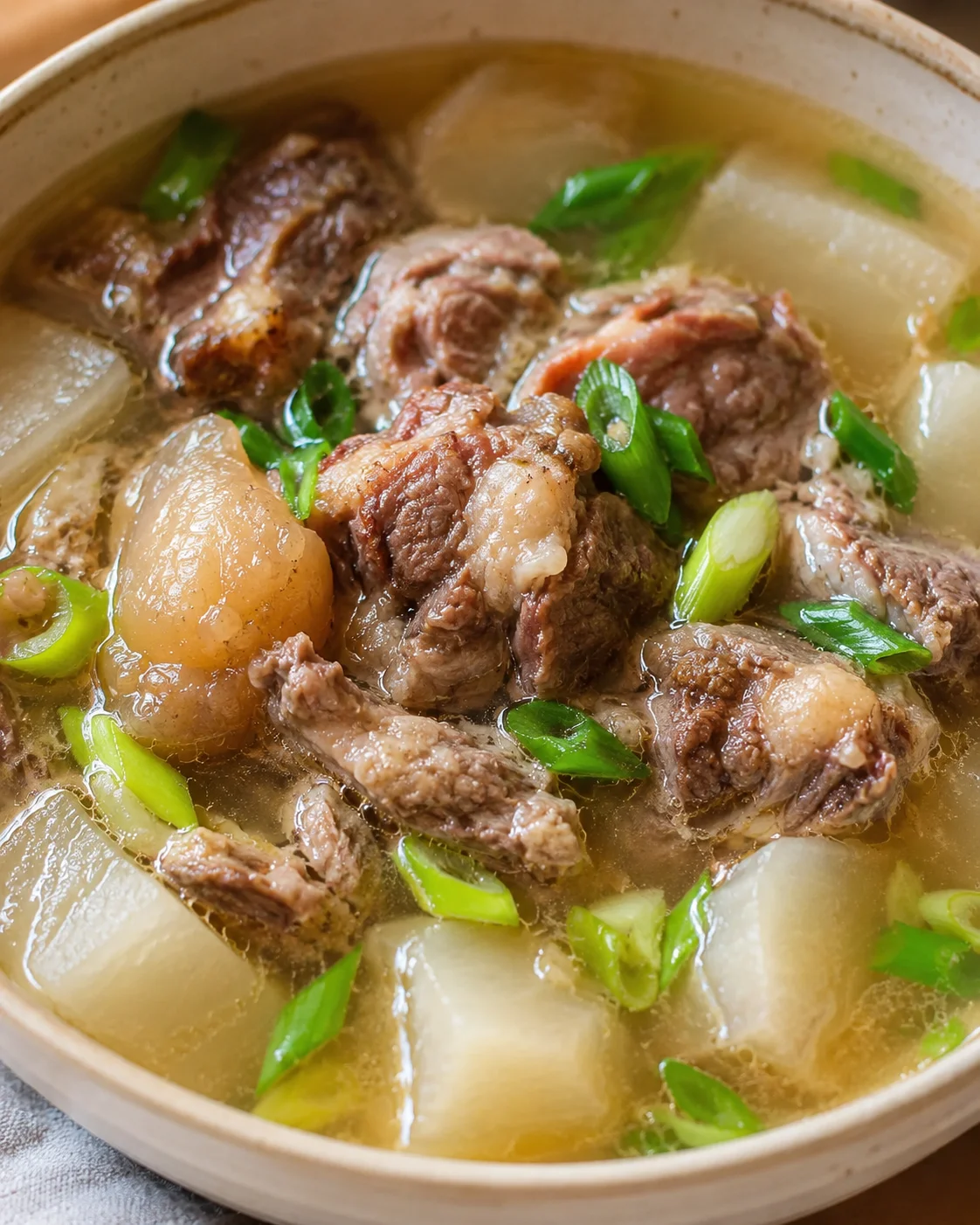 Beef bone broth with tender meat chunks, daikon, and scallions in a beige bowl.