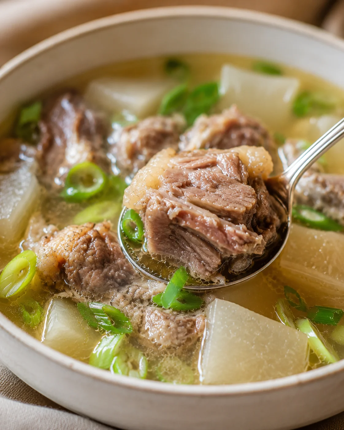 Warm and rich Korean oxtail soup served in a bowl with green onions.