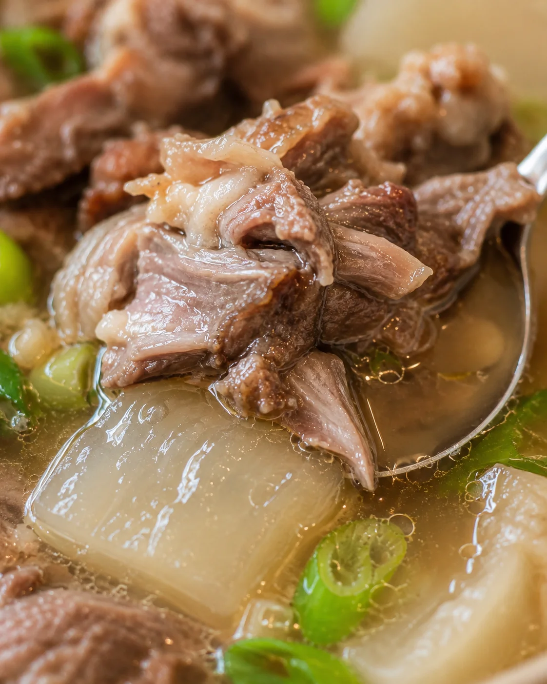 Instant Pot Korean Oxtail Soup Close-up of tender oxtail meat in rich Korean soup with radish and green onions.