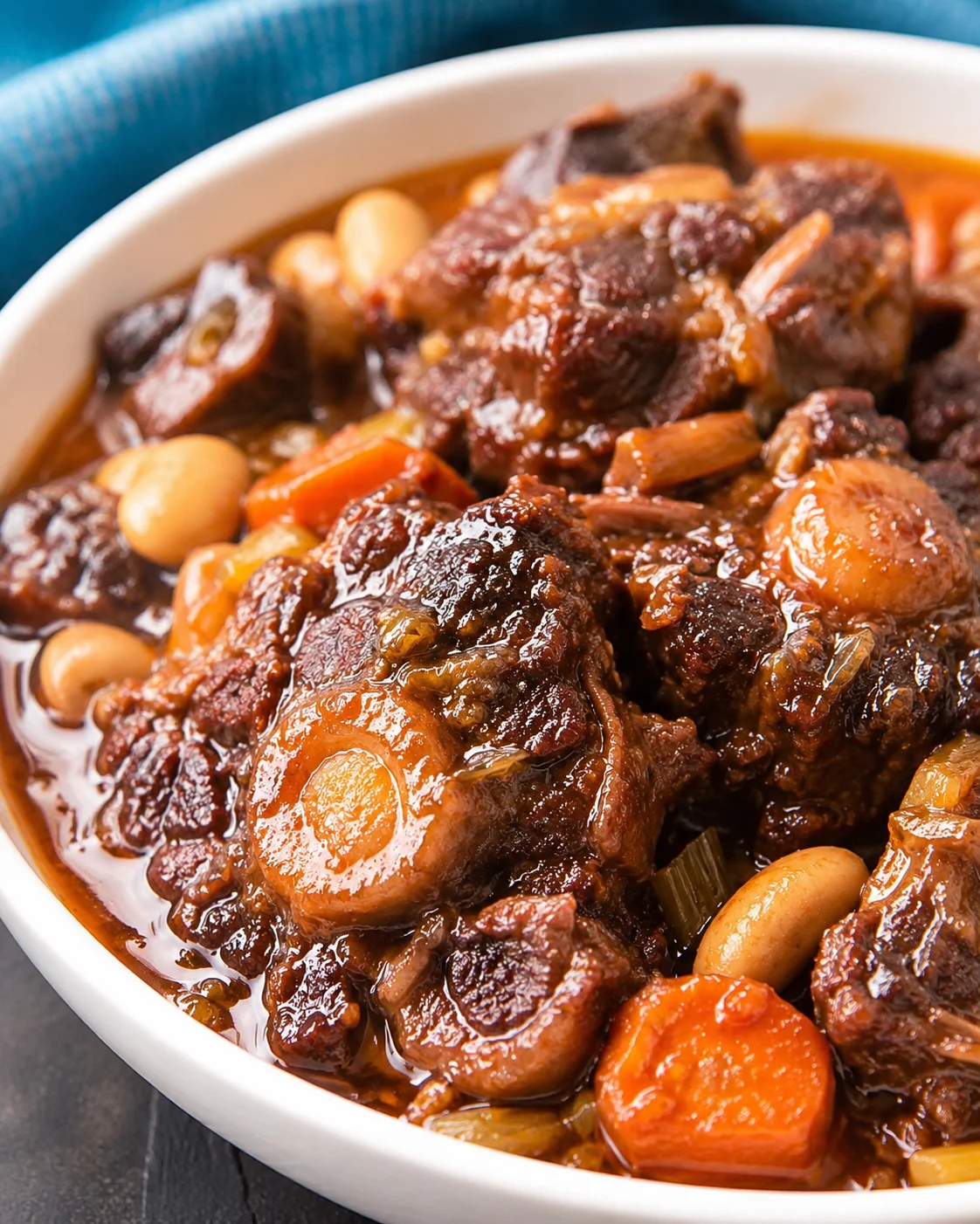 Tender, flavorful Jamaican oxtails served in a savory sauce with vegetables.