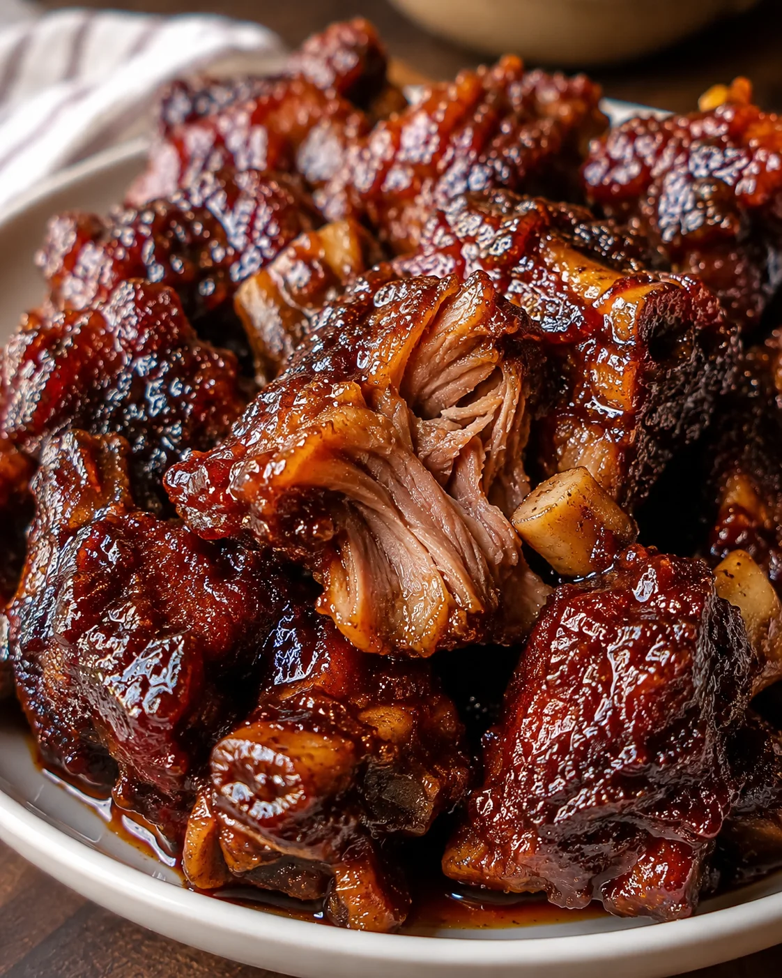 Close-up of tender, caramelized barbecue oxtails in a white dish.