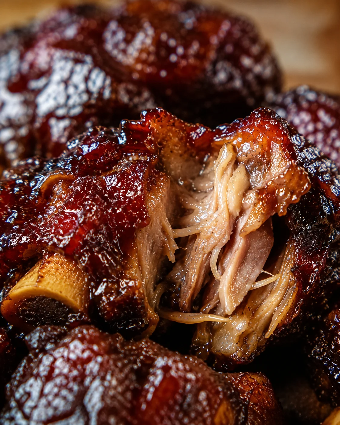 Close-up of tender barbecue oxtails with glossy caramelized glaze