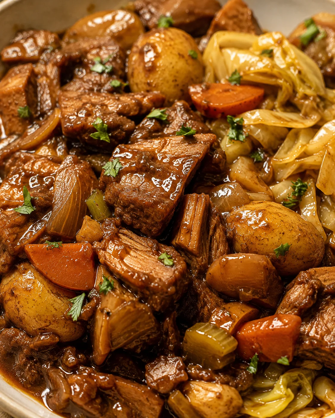 Rich and savory plant-based oxtail stew with potatoes and cabbage.