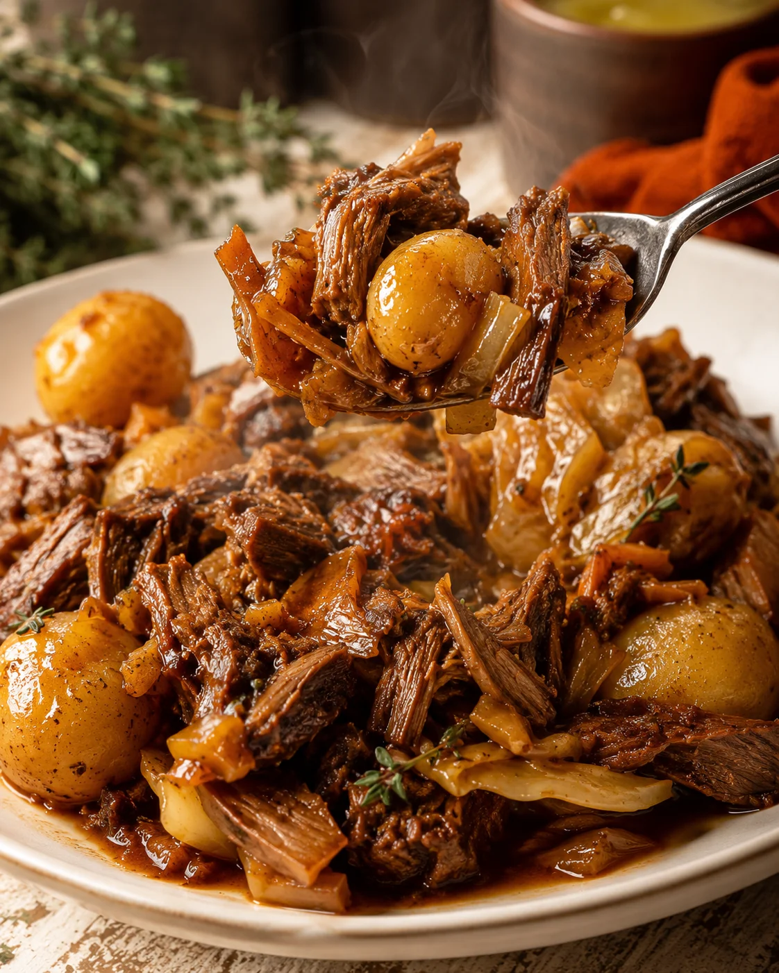 Close-up of hearty plant-based Jamaican oxtail stew with tender chunks and potatoes.