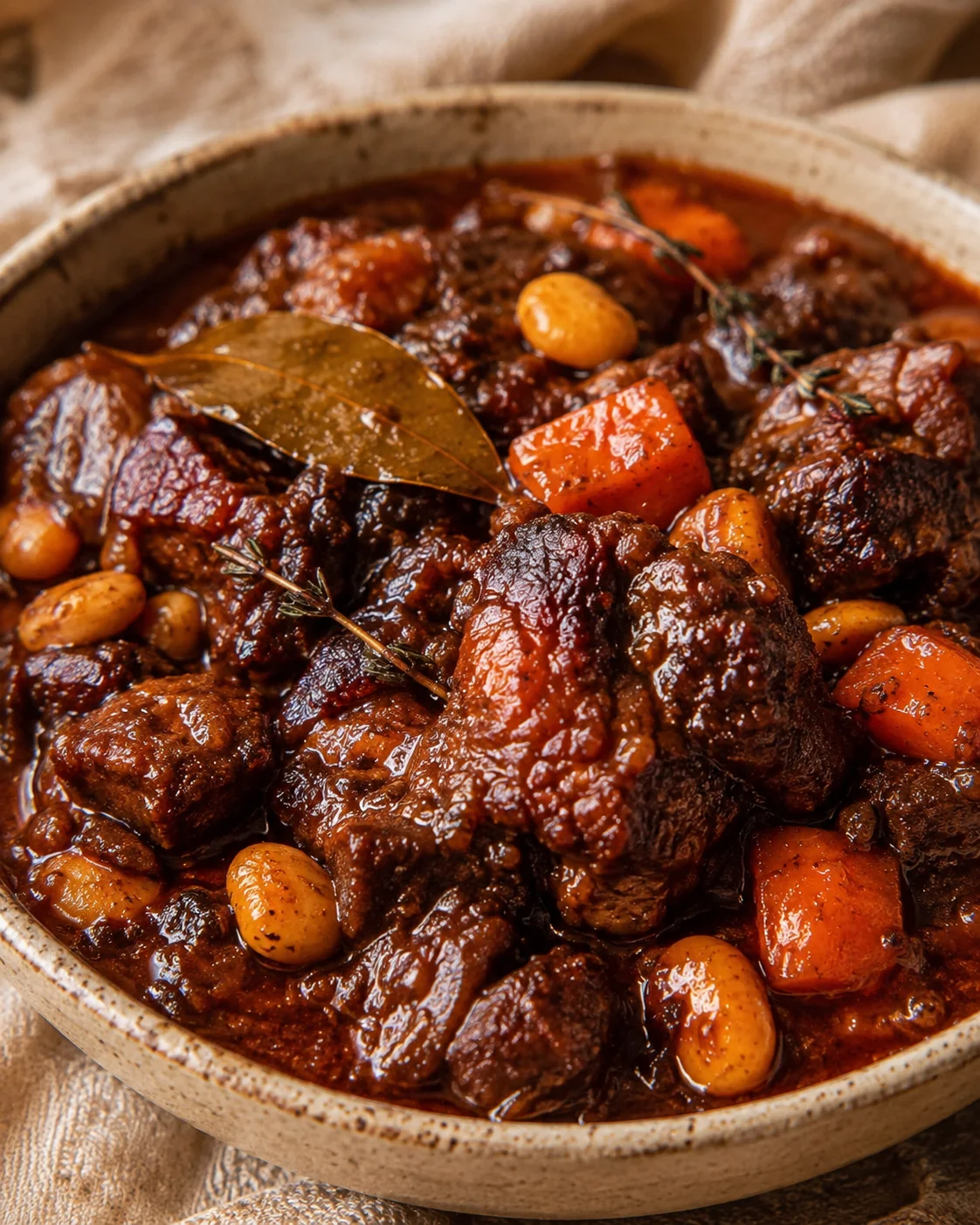 Hearty Jamaican oxtail stew with tender meat, carrots, beans, and herbs in a rich gravy.