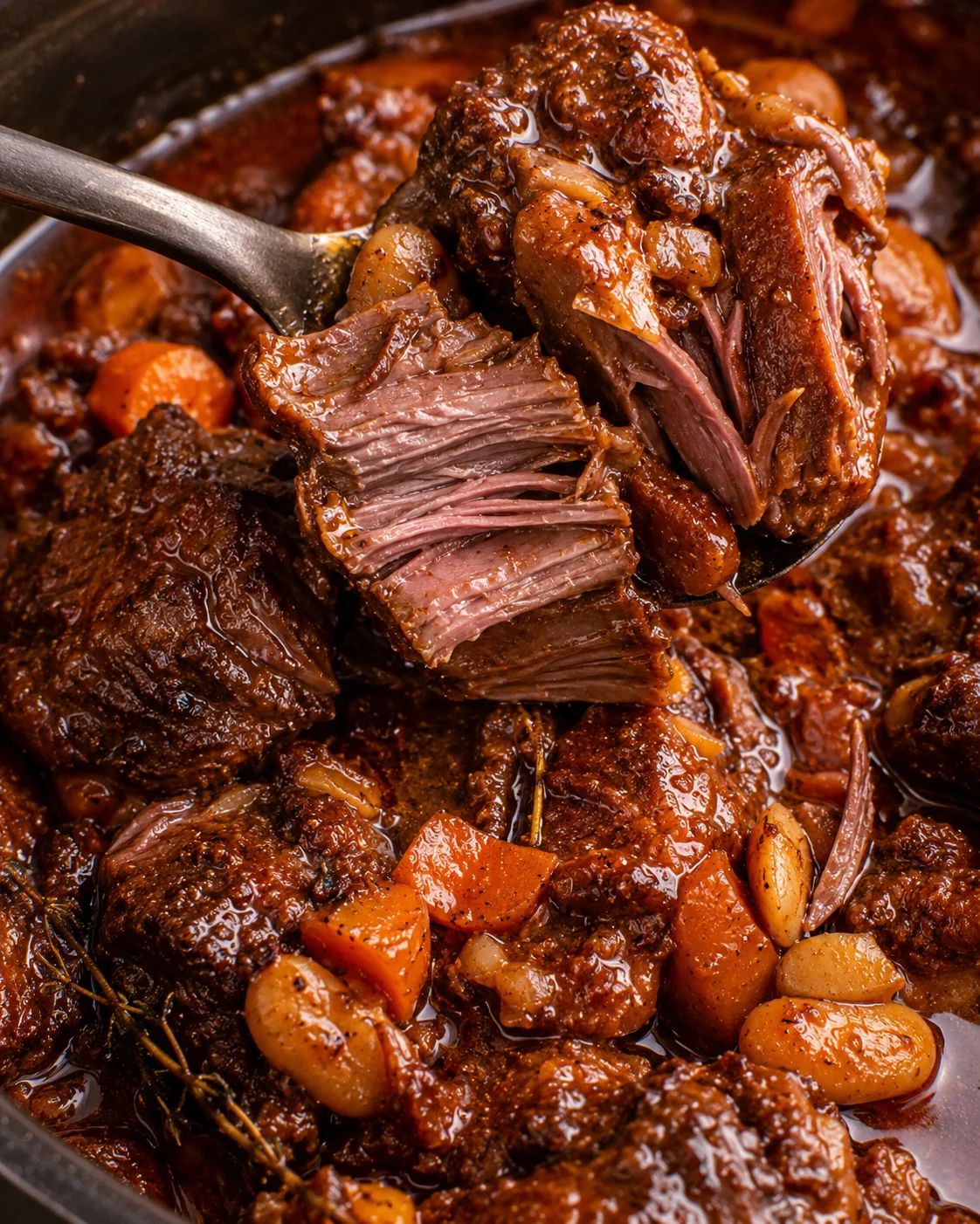 Close-up of tender oxtail pieces in rich, aromatic Caribbean stew with vegetables