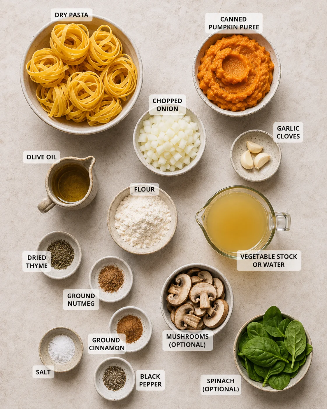 Image showing various ingredients for vegan pumpkin pasta including pasta, pumpkin puree, vegetables, and spices.