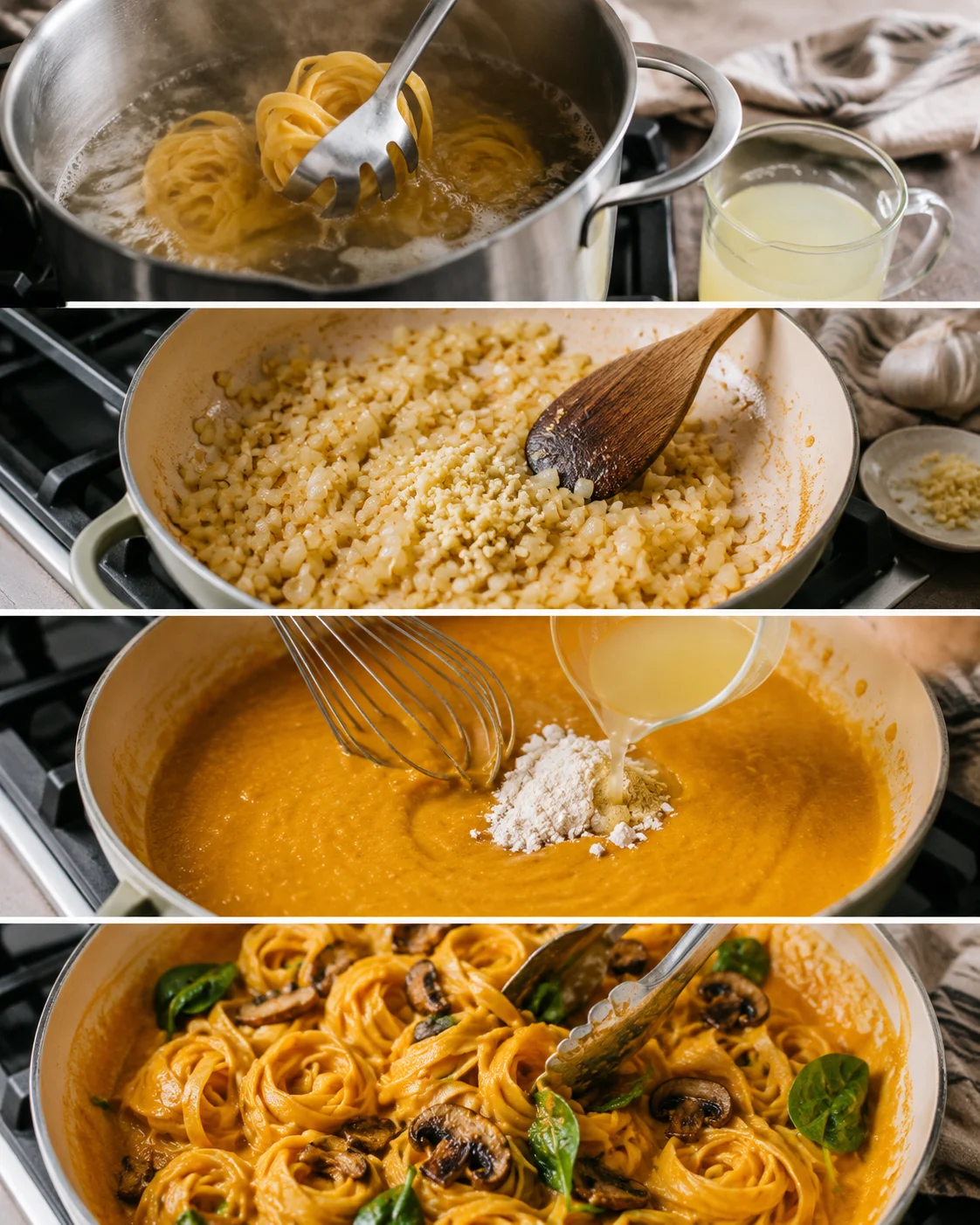 Creamy vegan pumpkin pasta with mushrooms and spinach, ready to serve hot.