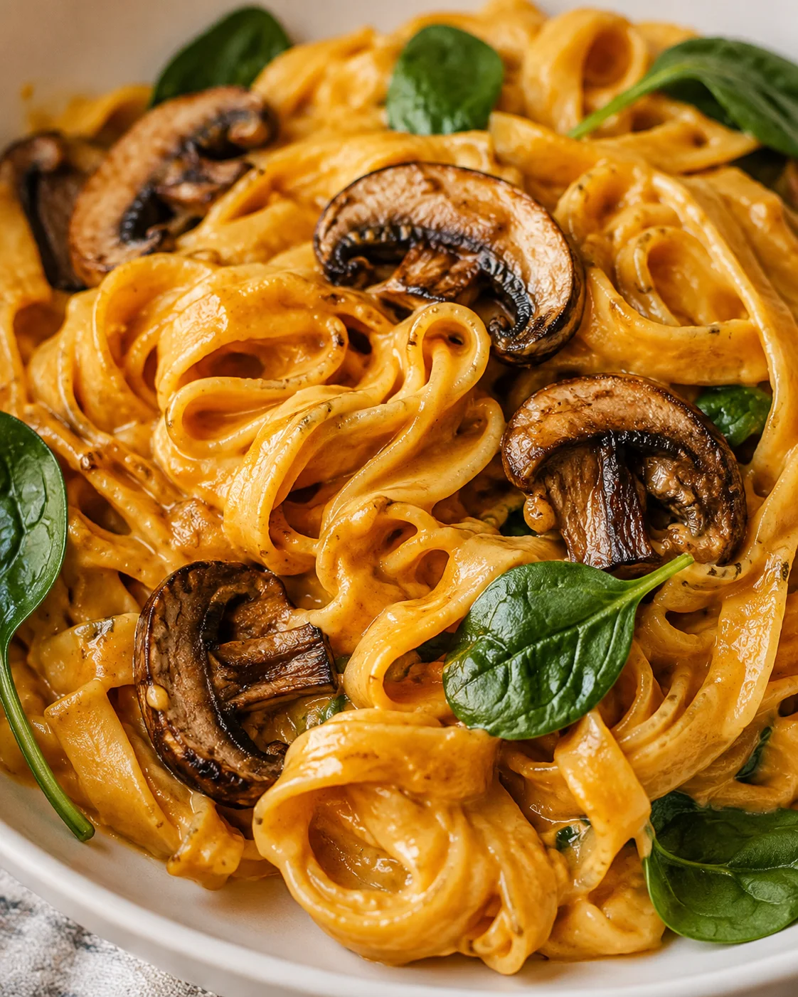Close-up of creamy vegan pumpkin pasta with mushrooms and greens on a plate