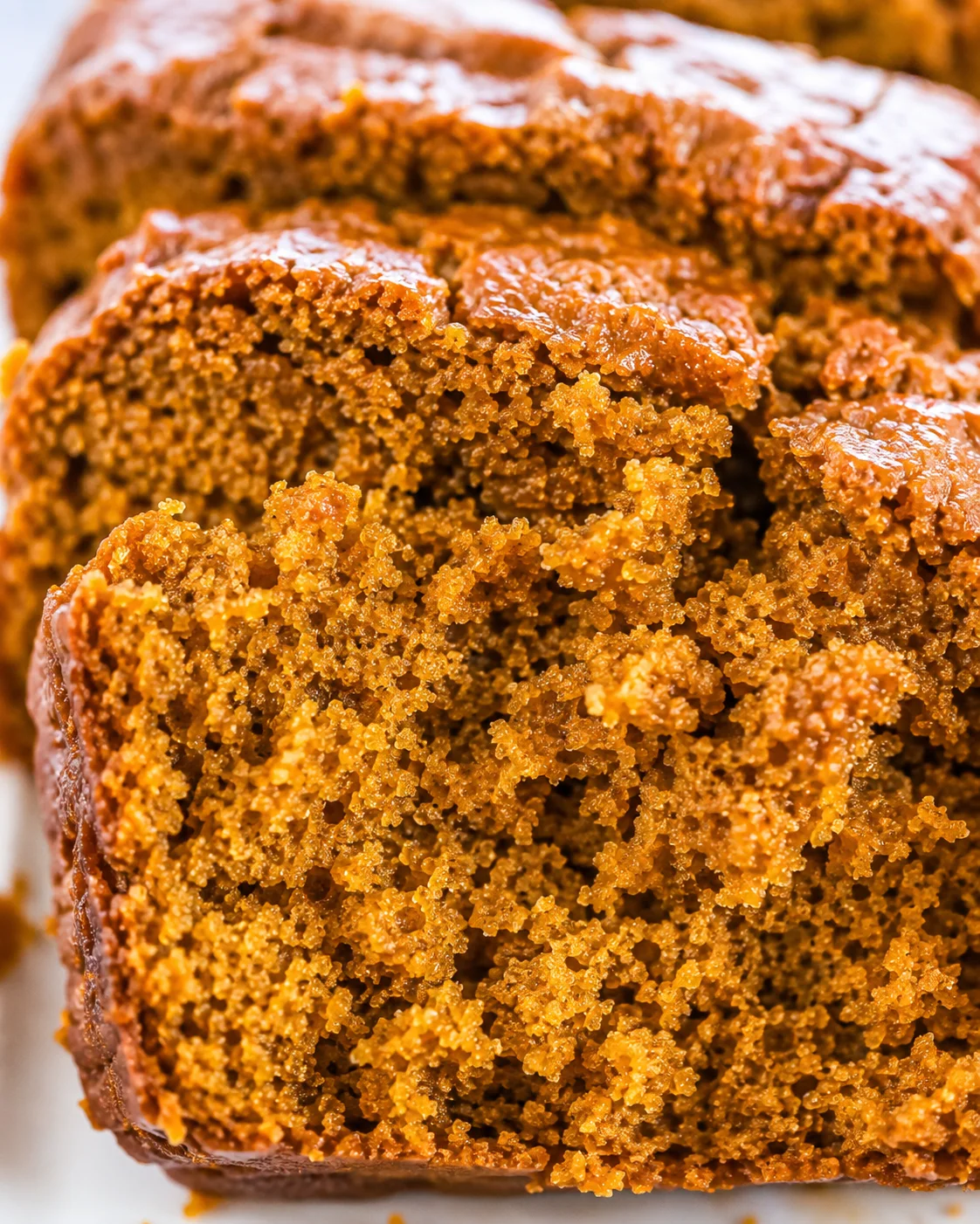 Macro view of the moist crumb of vegan pumpkin applesauce bread