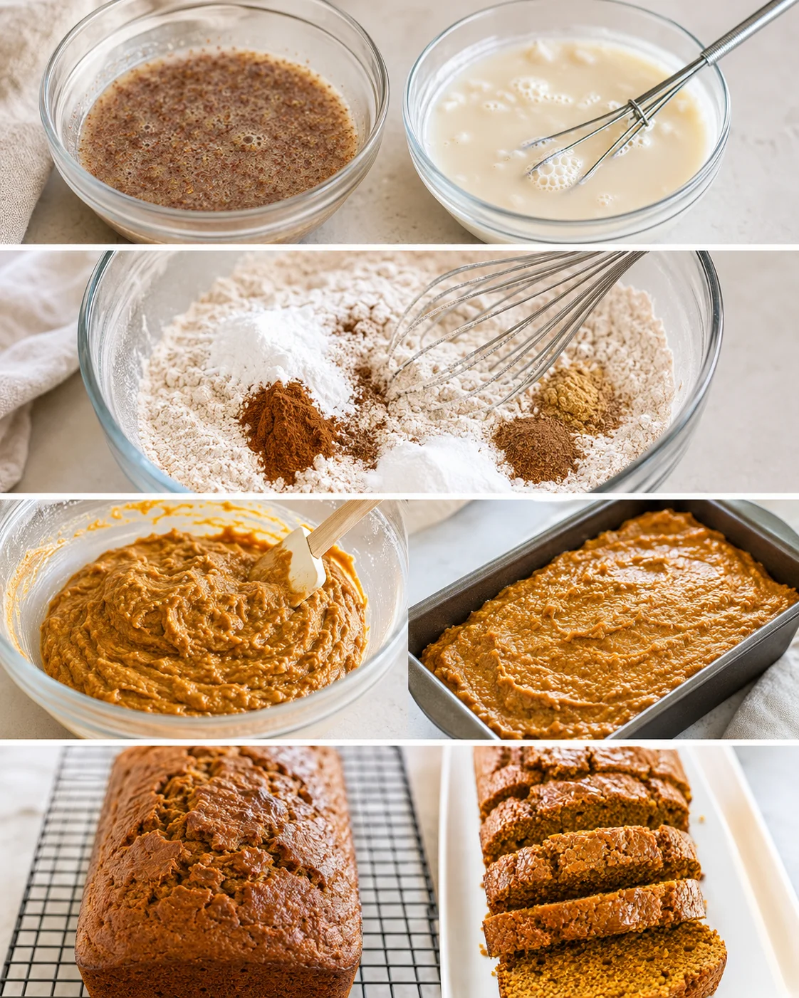 Collage of preparation steps for vegan pumpkin applesauce bread including flax mixture, whisked milk, dry ingredients, batter, filled loaf pan, and baked loaf