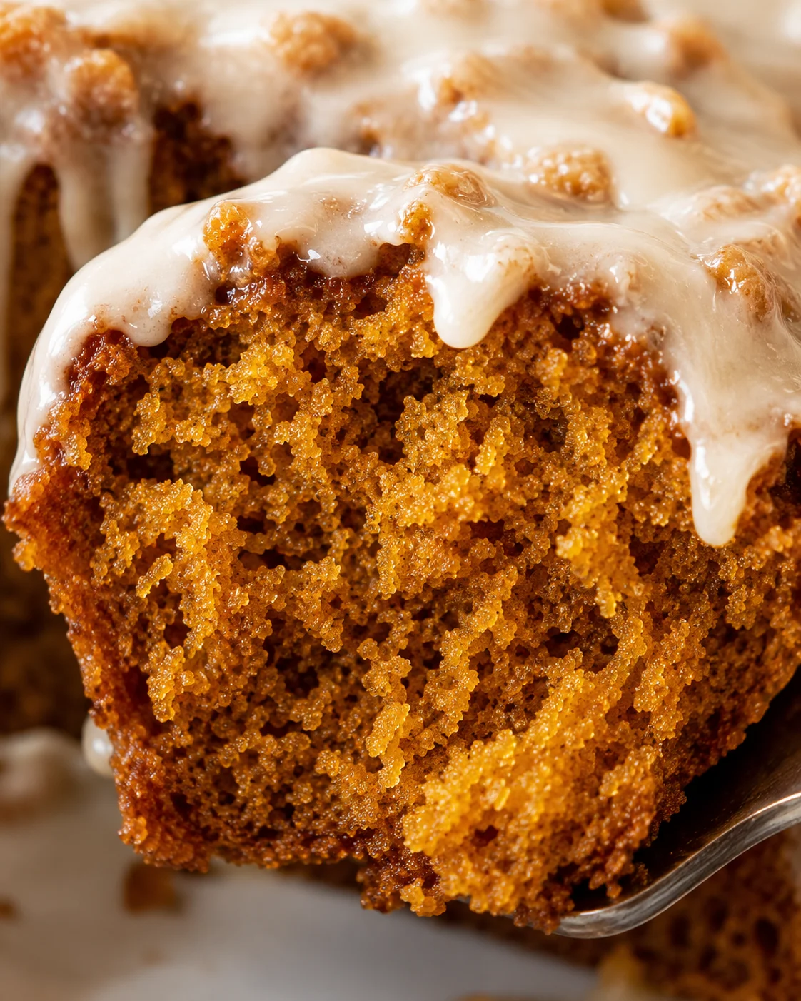 Extreme close-up of the interior crumb of pumpkin banana bread with maple glaze