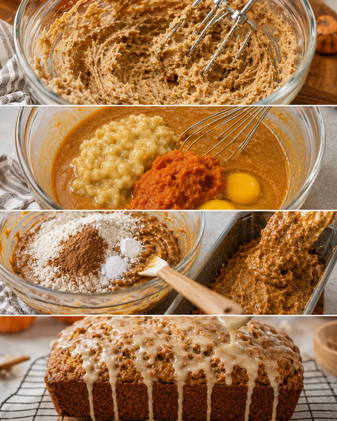 Collage of mixing and preparation steps for pumpkin banana bread, from creaming to glazing