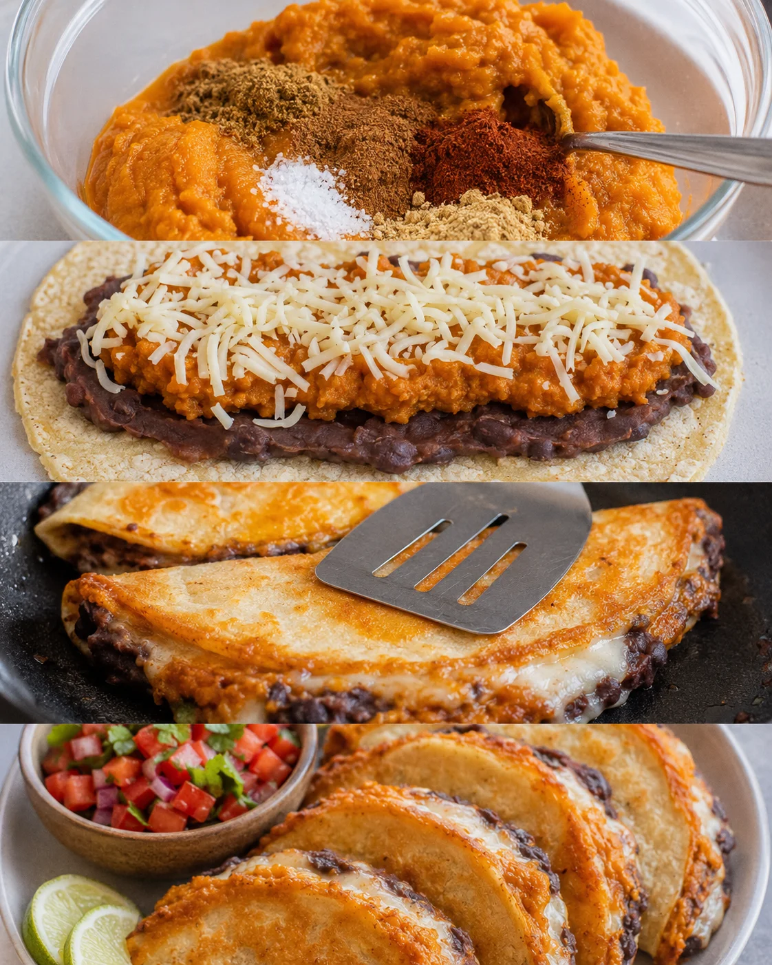 Collage showing mixing spiced pumpkin puree, assembling tacos, pan-frying, and plated tacos