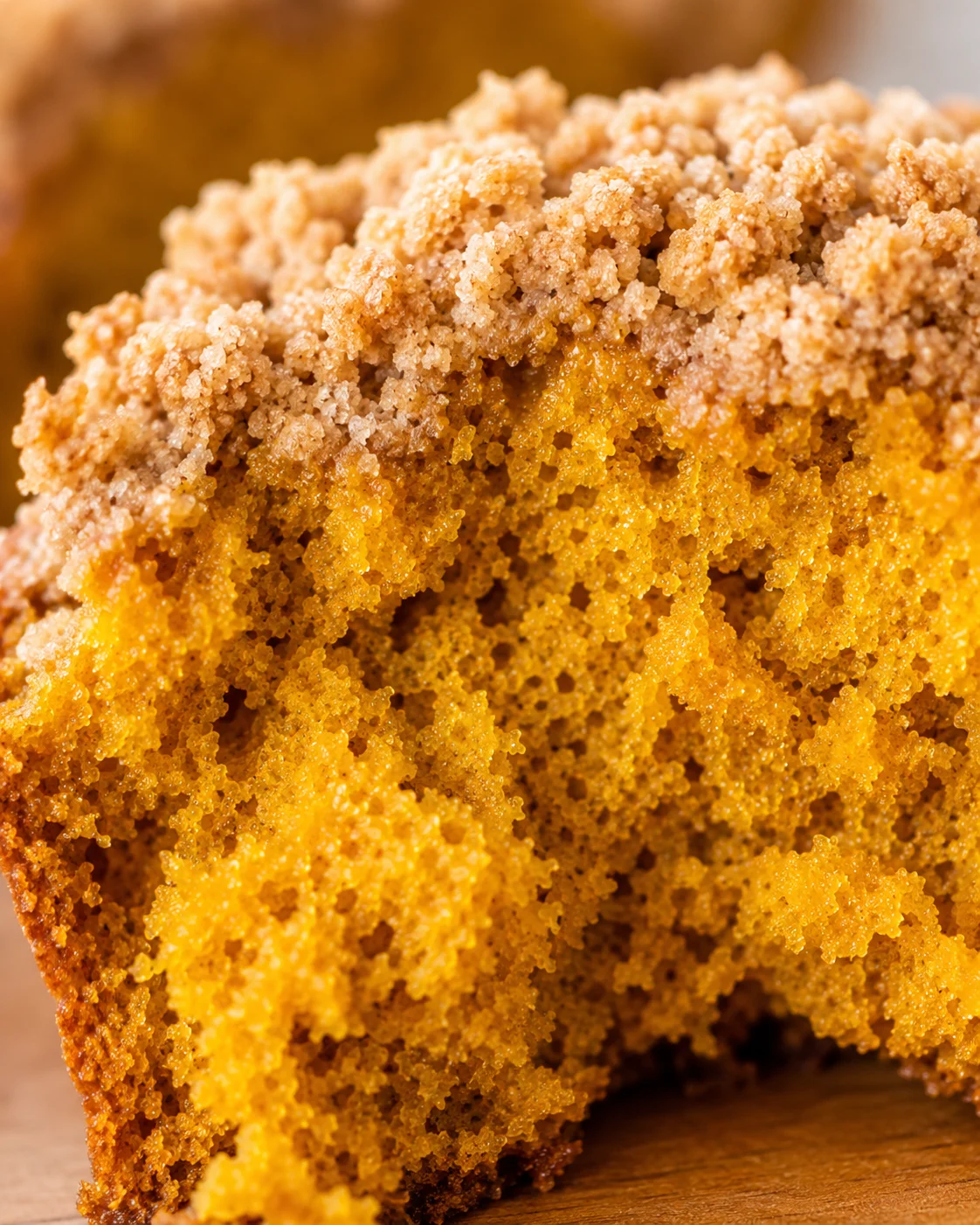 Close-up of pumpkin bread interior and streusel topping showing texture