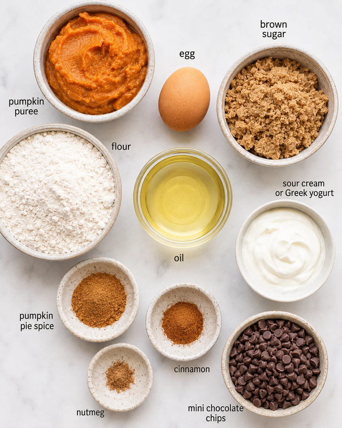 Top-down arrangement of ingredients for pumpkin chocolate chip bread including pumpkin puree, flour, brown sugar, oil, sour cream, egg, spices, and mini chips