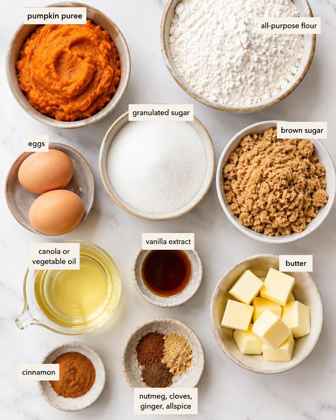 Top-down bowls of pumpkin puree, flour, sugars, eggs, oil, butter and spices labeled for pumpkin bread