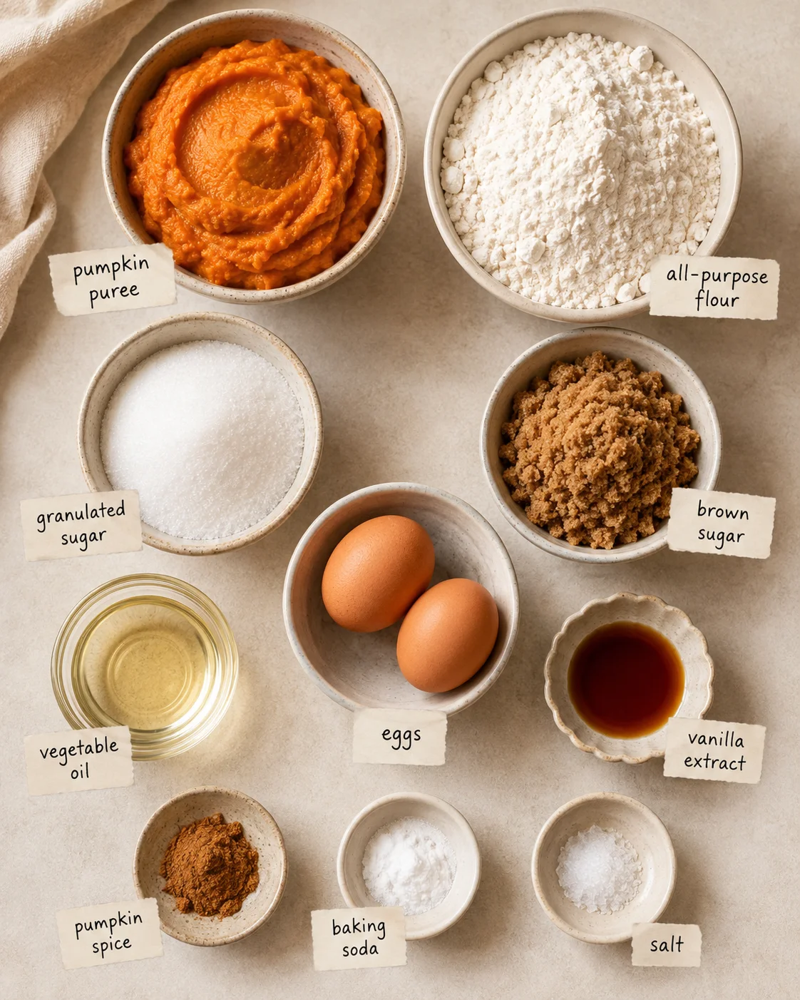 Top-down layout of pumpkin bread ingredients including pumpkin puree, flour, sugars, eggs, oil, and spices