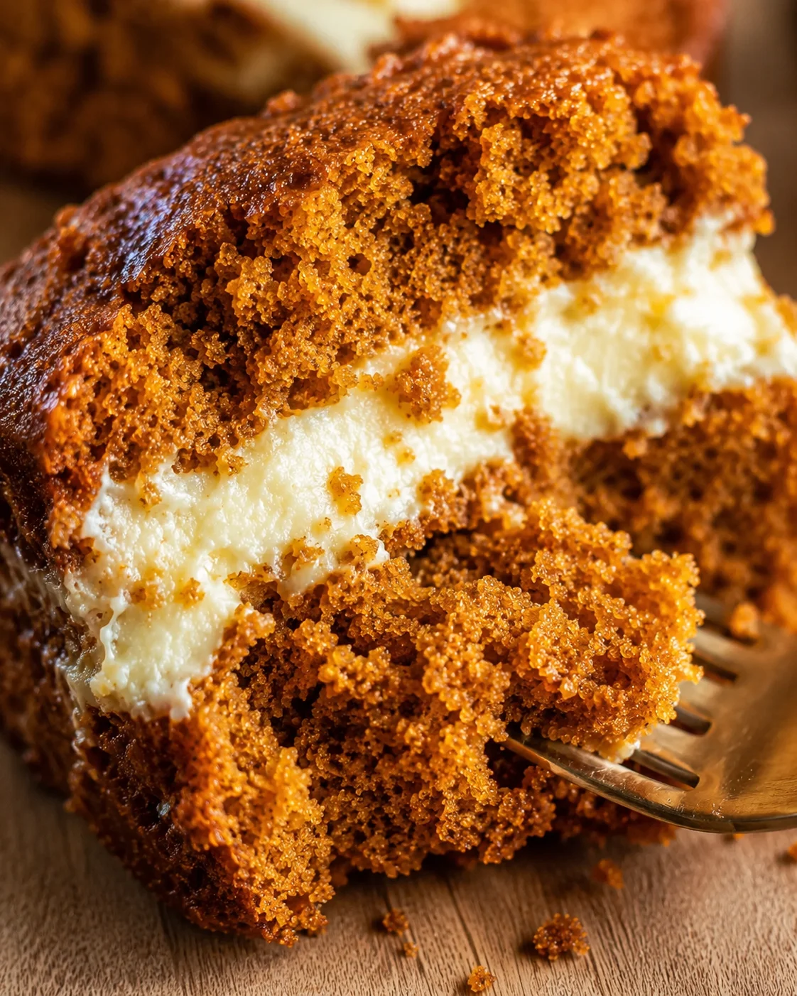 Macro detail of pumpkin bread crumb and cream cheese center with a fork
