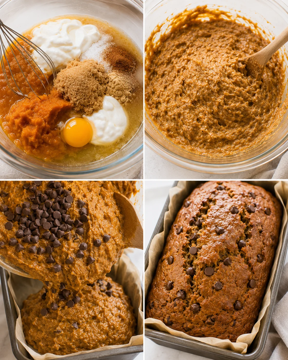 Four-panel collage showing mixing ingredients, combined batter, folding in chocolate chips, and batter in a loaf pan