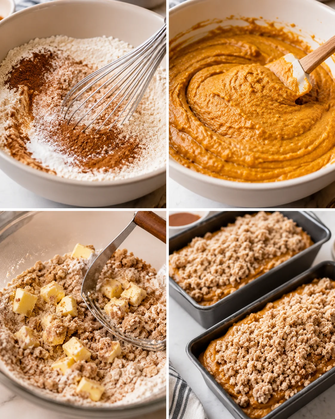 Four-panel collage showing mixing dry ingredients, batter, making streusel, and loaves topped and ready to bake
