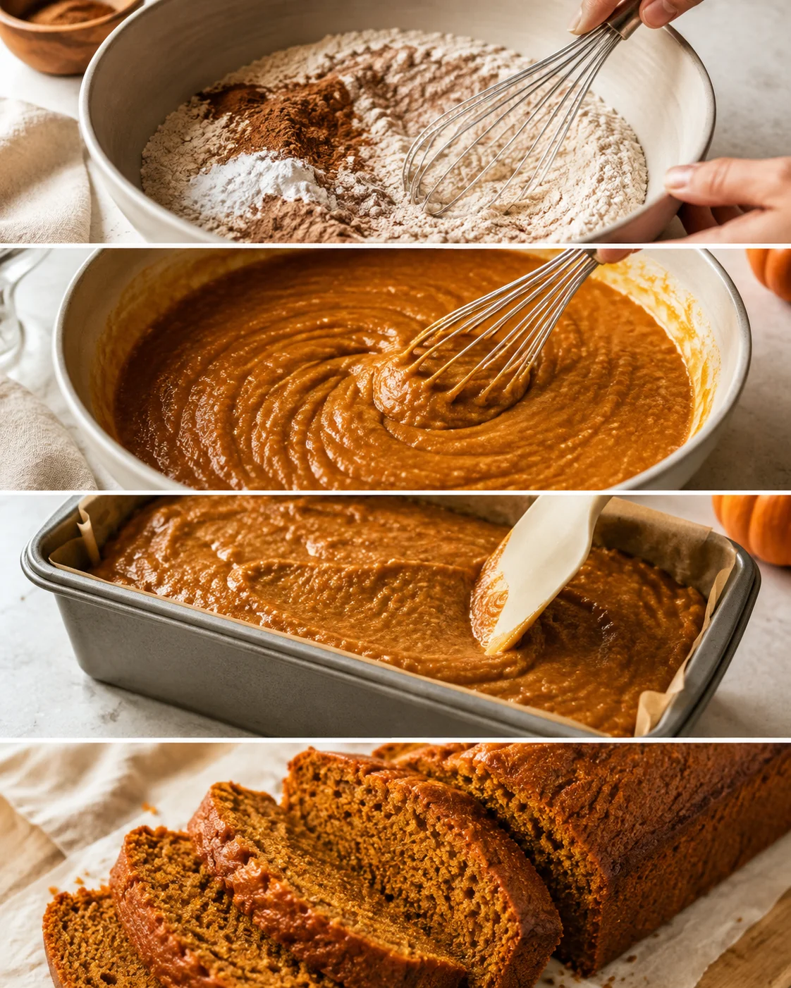Four-panel process showing whisking dry ingredients, mixing pumpkin batter, filling loaf pan, and the baked sliced loaf