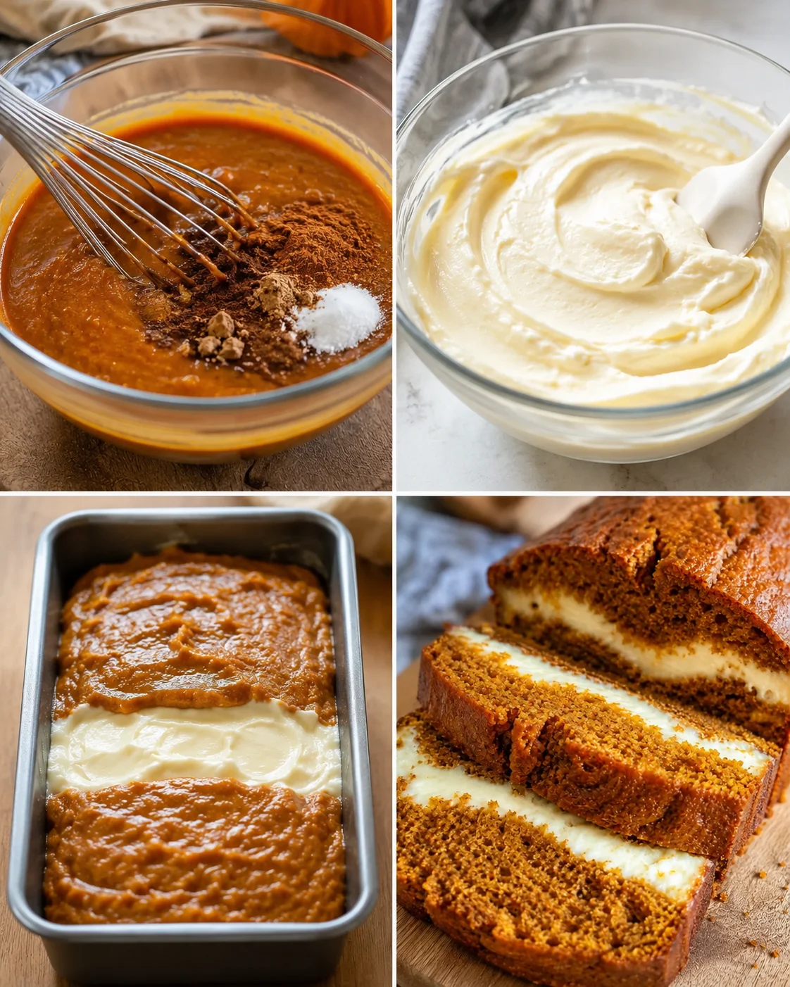 Four-panel collage showing mixing pumpkin batter, cream cheese filling, layered pan, and baked loaf