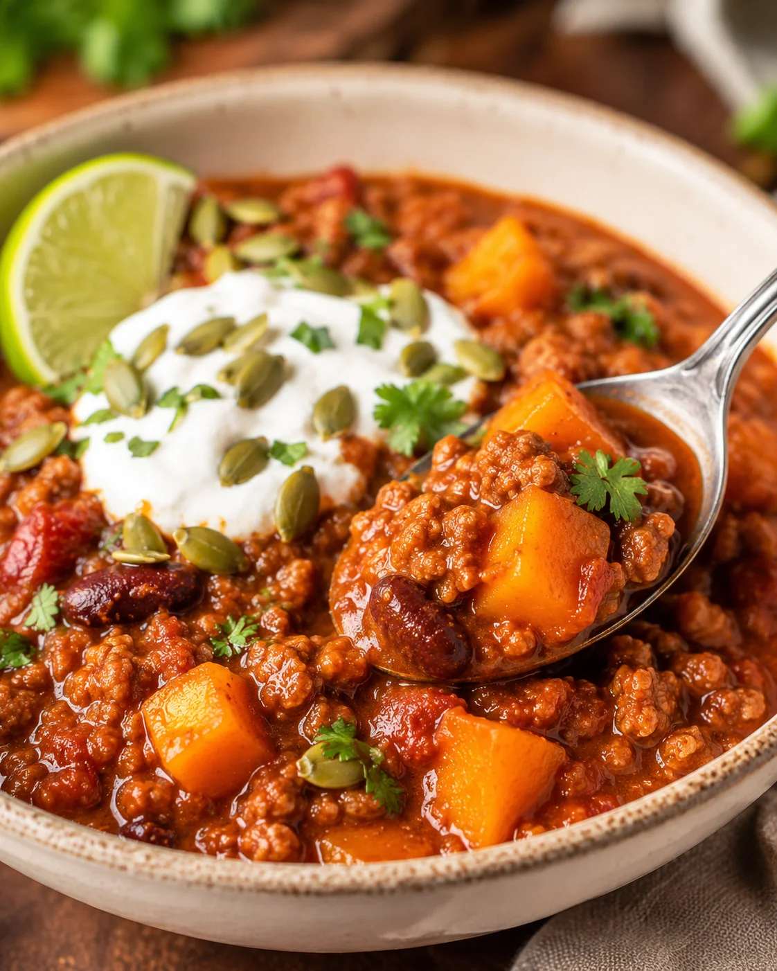 Bowl of pumpkin chili with ground beef, diced pumpkin, beans, sour cream and a lime wedge