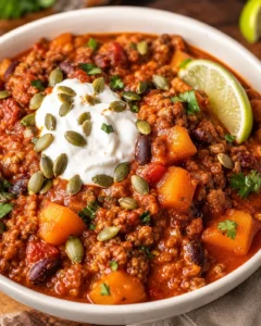 Close-up of pumpkin chili topped with sour cream and pepitas with visible pumpkin cubes and beans