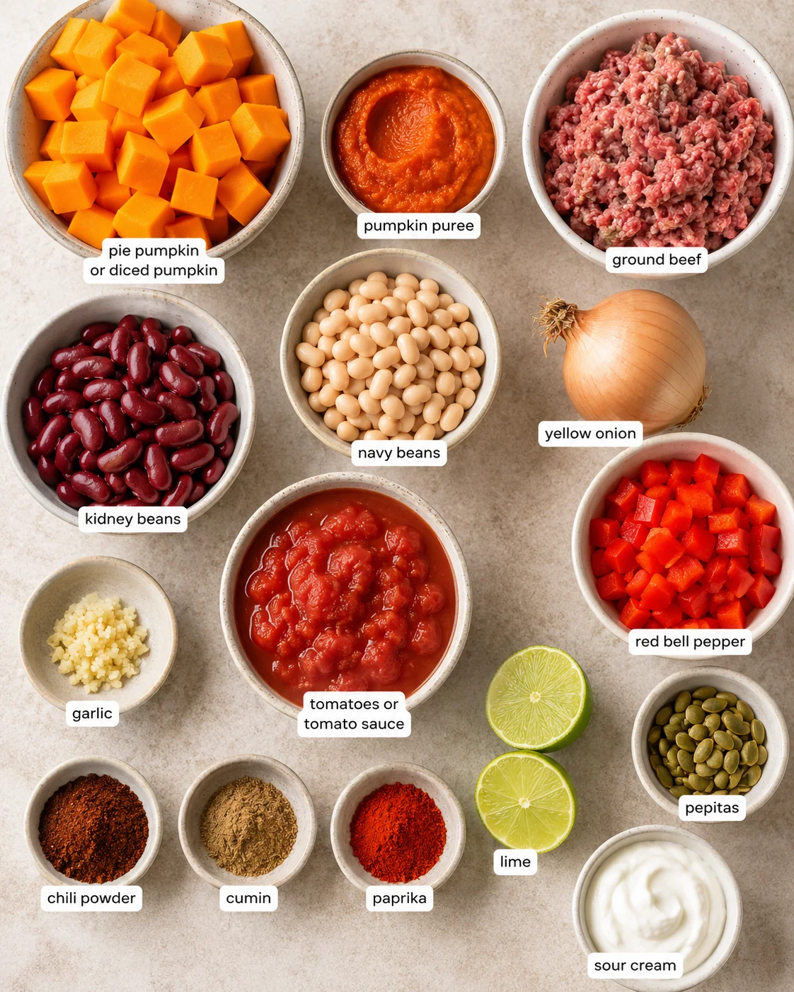 Top-down view of pumpkin chili ingredients including diced pumpkin, pumpkin puree, ground beef, beans, onion, peppers and spices