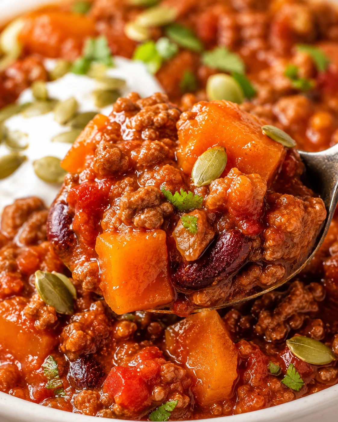 Spoonful of pumpkin chili showing texture of pumpkin, beef and beans