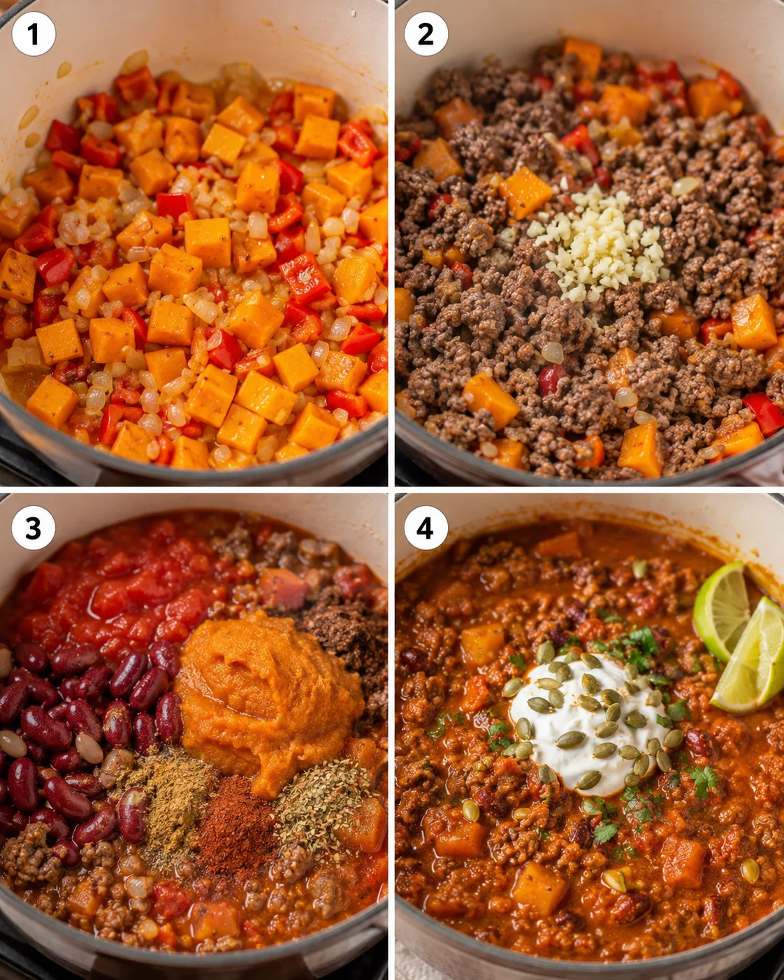 Four-panel collage showing steps of making pumpkin chili: sautéed pumpkin and peppers, browned beef and garlic, added beans and spices, finished chili with garn