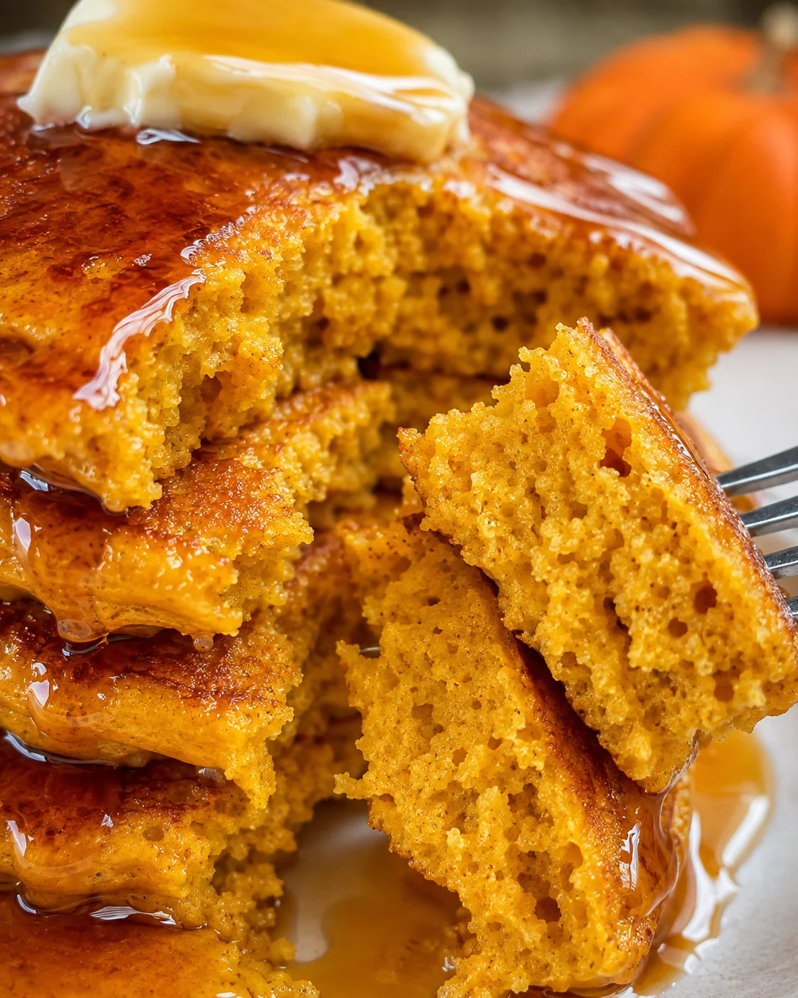 Close-up of the airy, moist crumb of a pumpkin cottage cheese pancake on a fork