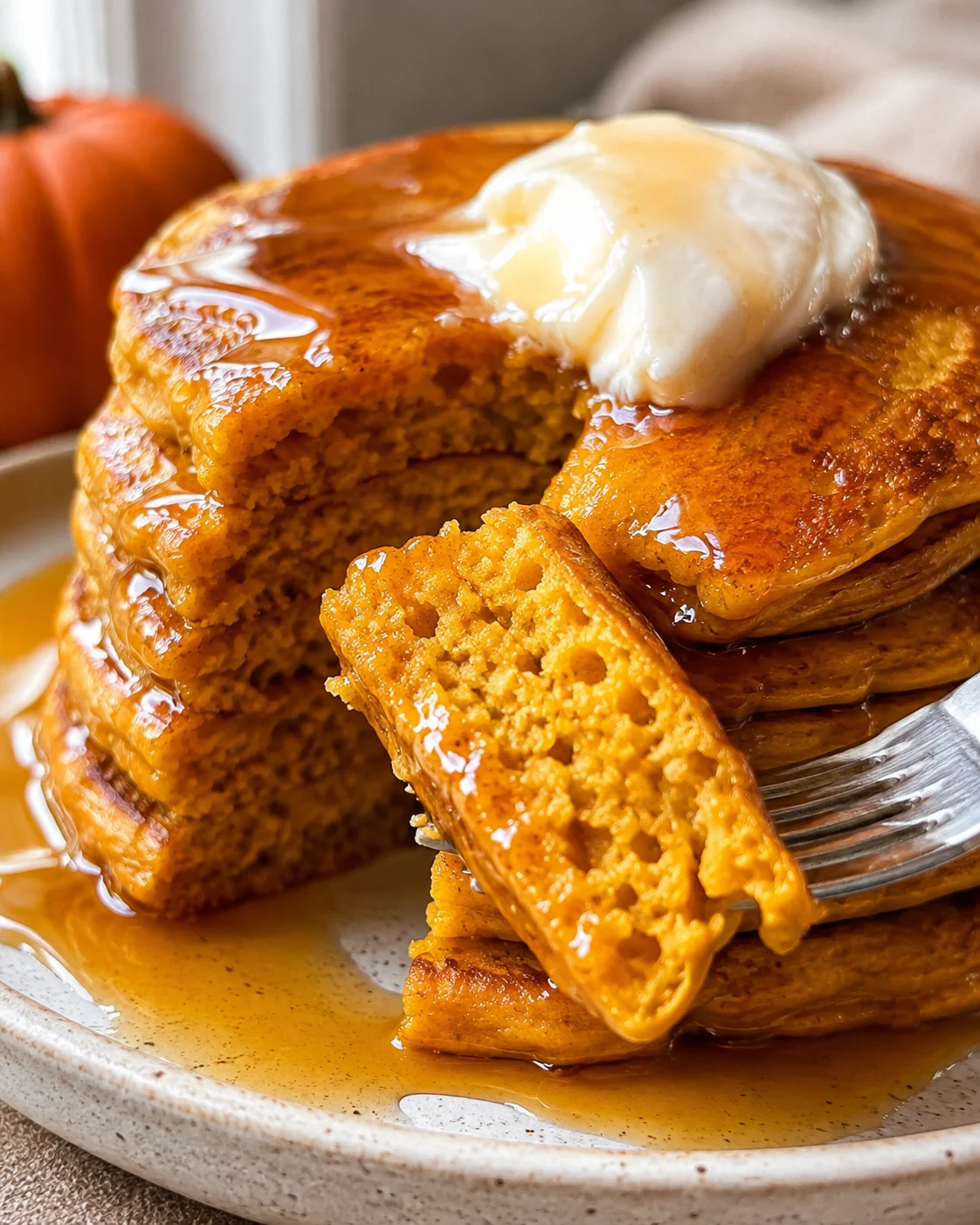 Fork holding a bite of pumpkin cottage cheese pancake with stack topped with butter and syrup in the background